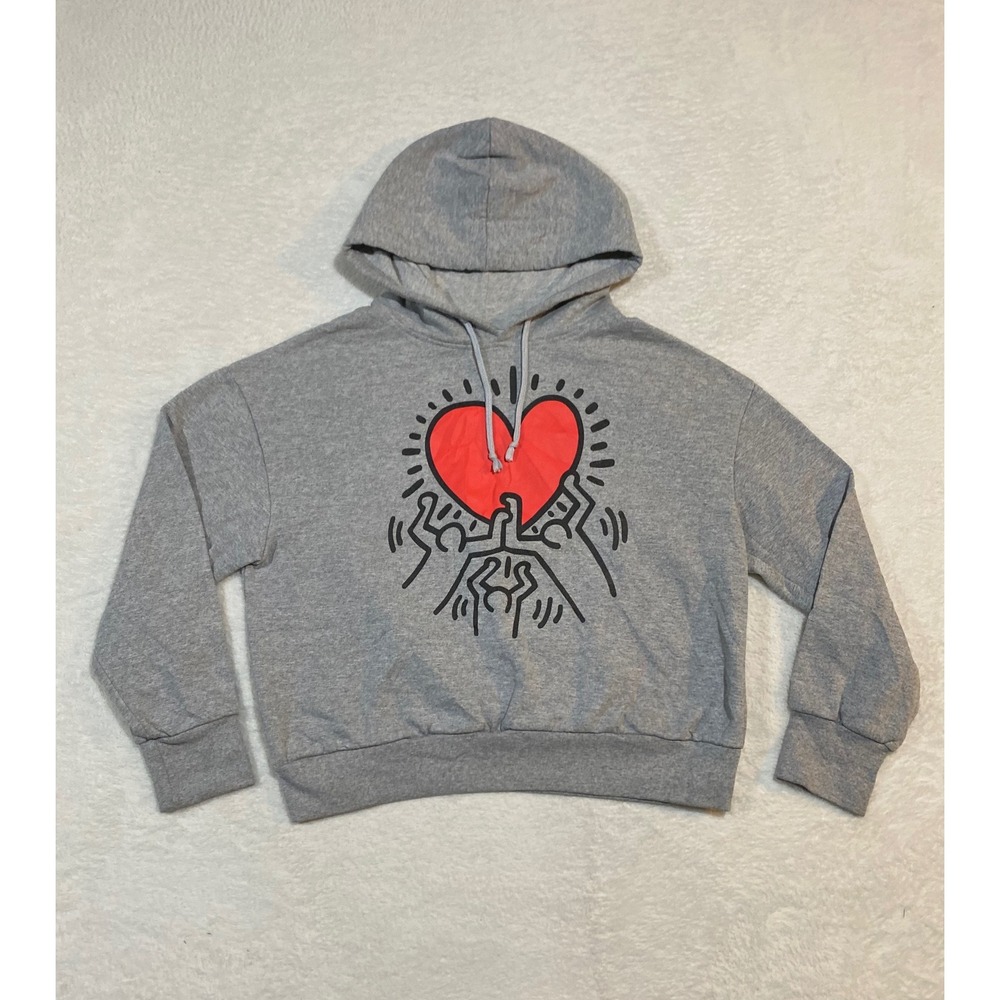 Keith Haring Heart Graphic Hoodie Gray Pop Art Sweatshirt Small